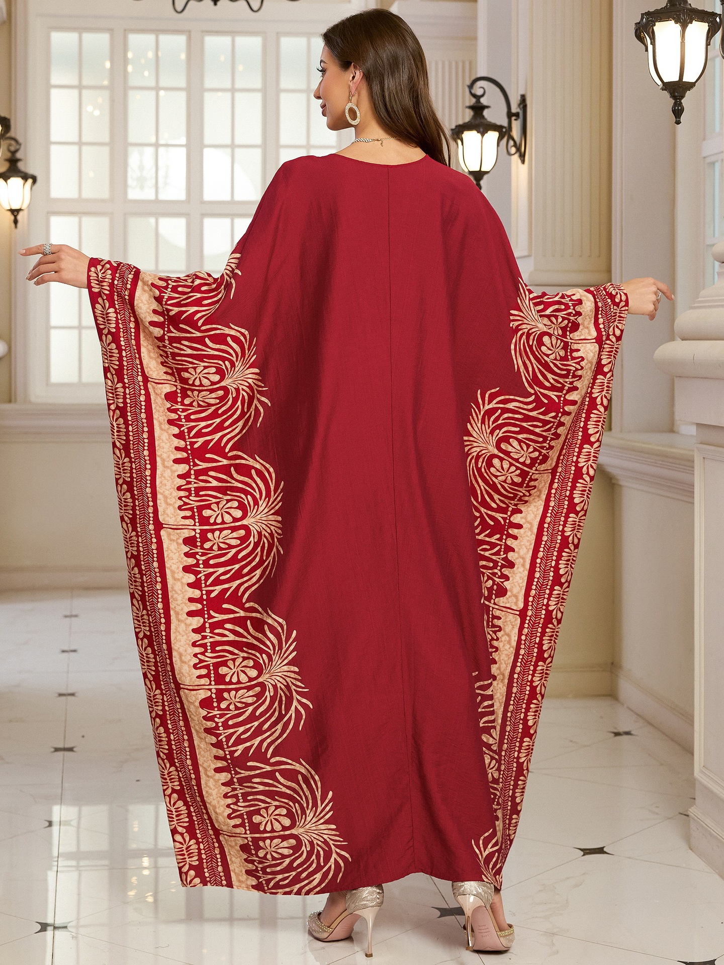 Geometric Pattern Kaftan Maxi Dress with Long Batwing Sleeves for Beach Cover Up